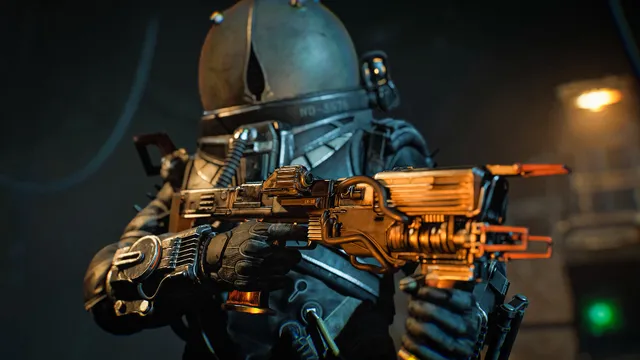 Cronos: The New Dawn screenshot: the armoured Traveler holds a heavy orange gun in a dark corridor