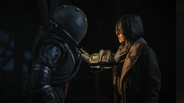 Cronos: The New Dawn screenshot: the Traveler reaches a device on his wrist toward a dark-haired woman in a scarf