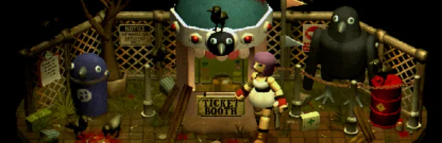 Crow Country art: low-poly Mara stands by a crow-topped ticket booth between two crow mascot statues