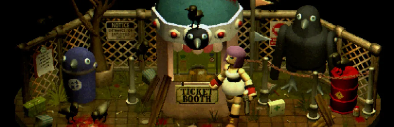 Crow Country art: low-poly Mara stands by a crow-topped ticket booth between two crow mascot statues