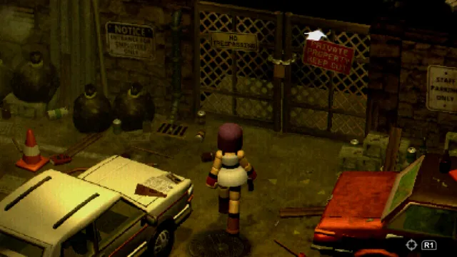 Crow Country screenshot: Mara in a car park by the theme park's locked gates and warning signs