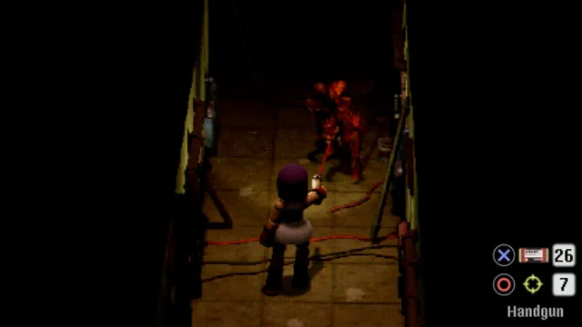 Crow Country screenshot: Mara aims her handgun at a red, fleshy monster down a dark corridor, ammo count on screen