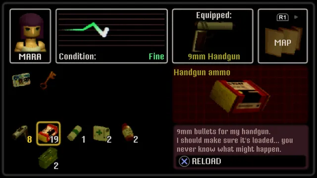 Crow Country screenshot: the inventory screen with Mara's condition, her 9mm handgun, ammunition and healing items