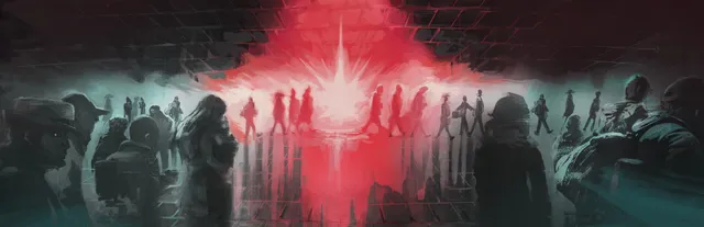 CROWDED. FOLLOWED. key art: a painted crowd of grey figures in a station, with a burst of red light at its centre