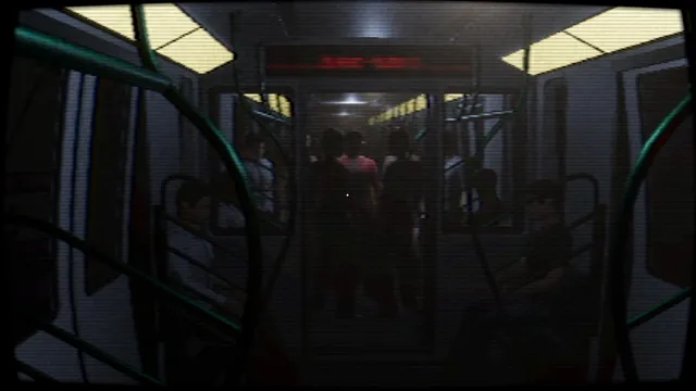A dim subway car crowded with dark figures, seen through a CRT filter