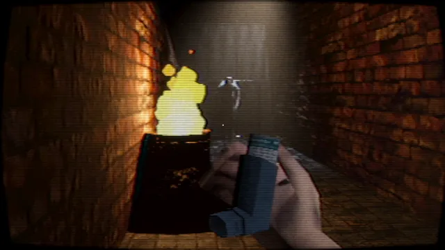 The player holds an inhaler in a brick alley by a burning bin as a pale figure stands in the distance