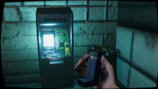 The player holds an inhaler beside a payphone on a tiled subway wall