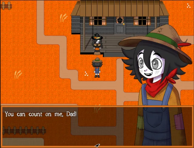 Crowscare screenshot: Ryo outside a wooden farmhouse on orange autumn ground, saying You can count on me, Dad