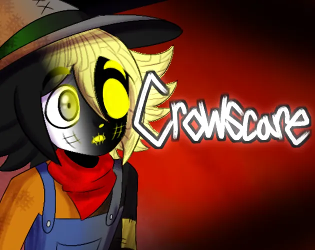 Crowscare cover art: the scarecrow boy Ryo in a straw hat and red scarf, half his face dark with glowing yellow eyes, beside the title