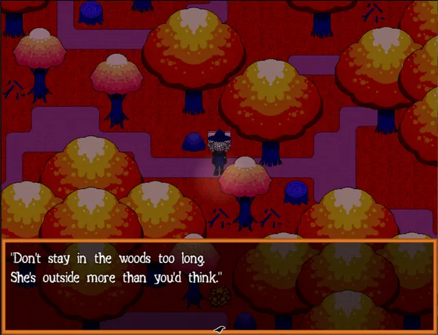 Crowscare screenshot: Ryo in red autumn woods, warned not to stay in the woods too long because she is outside more than you think