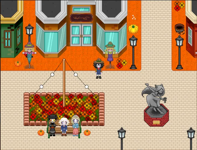 Crowscare screenshot: the town square with scarecrows, pumpkins, a flower bed and a stone statue