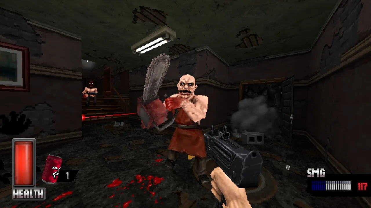 CRUEL screenshot: a bald butcher in a bloody apron charges with a chainsaw down a run-down hallway as an SMG fires at him