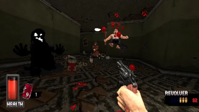 CRUEL screenshot: a grinning black shadow figure and a bloodied brute in a dark room as a revolver fires