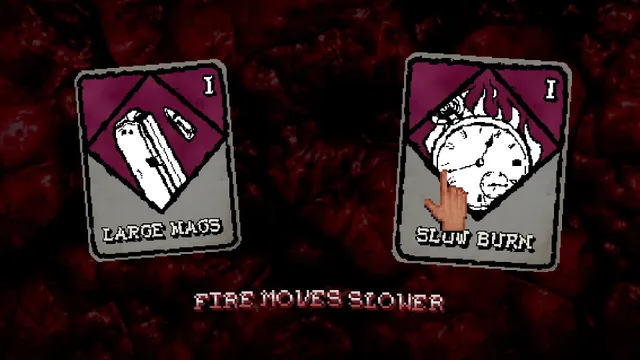 CRUEL screenshot: two upgrade cards, Large Mags and Slow Burn, over a background of red flesh