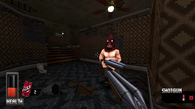 CRUEL screenshot: a shirtless cultist in a red pointed hood aims a shotgun in a shabby, carpeted room