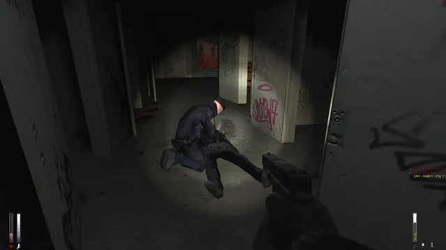 Cry of Fear screenshot: a pistol and flashlight point at a police officer slumped by graffiti-covered pillars