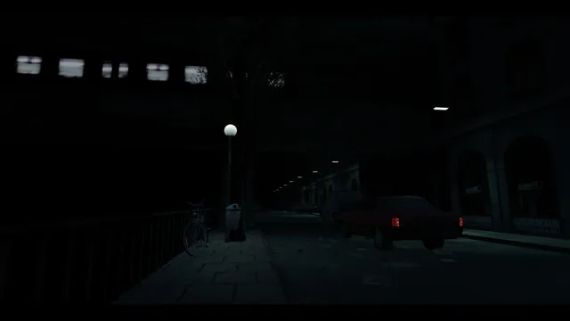 Cry of Fear screenshot: an empty town street at night with street lamps, a parked car and a bicycle by a railing