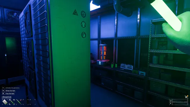 CRYO screenshot: a storage room of shelves and lockers lit green and blue by a glowstick