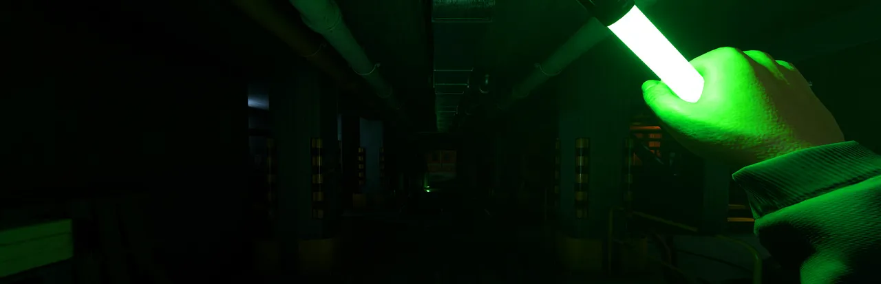 CRYO key art: a gloved hand holds a green glowstick up in a pitch-dark facility corridor