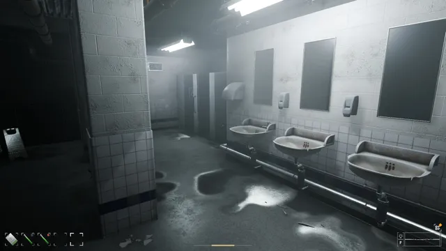 CRYO screenshot: a filthy facility washroom with a row of stained sinks