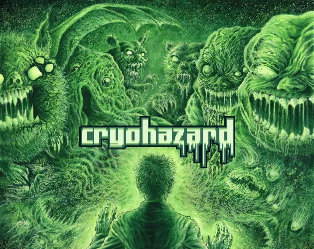 Cryohazard cover: a painted crowd of green fanged mutants looming over a man seen from behind, the dripping pixel title in the middle