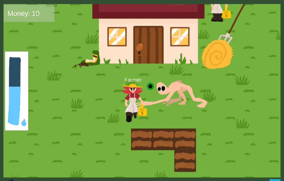 Cryptid Farm screenshot: a farmer by a farmhouse as a pale crawling creature reaches toward them across the grass, a water gauge at the side