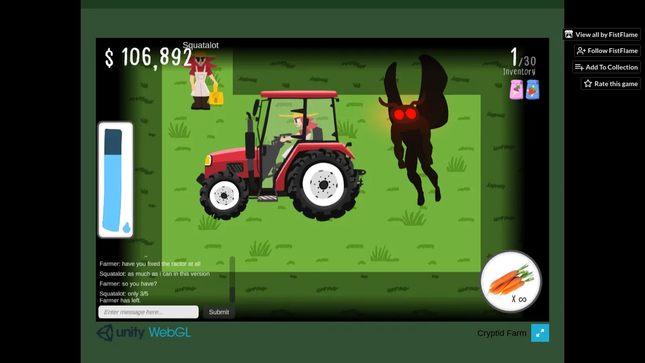 Cryptid Farm screenshot: a farmer drives a red tractor while a dark winged creature with red eyes looms beside it