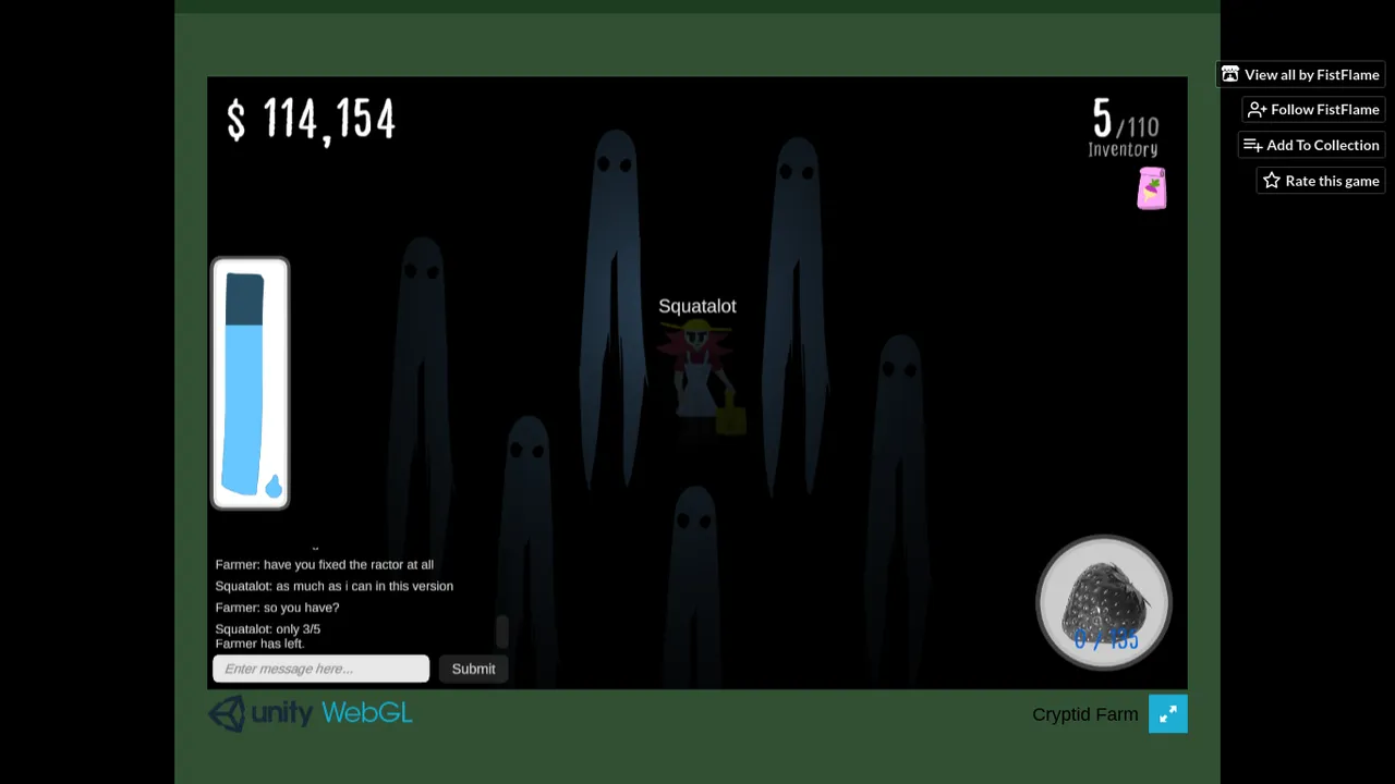 Cryptid Farm screenshot: shadowy tall figures stand around a lone farmer on the dark field at night