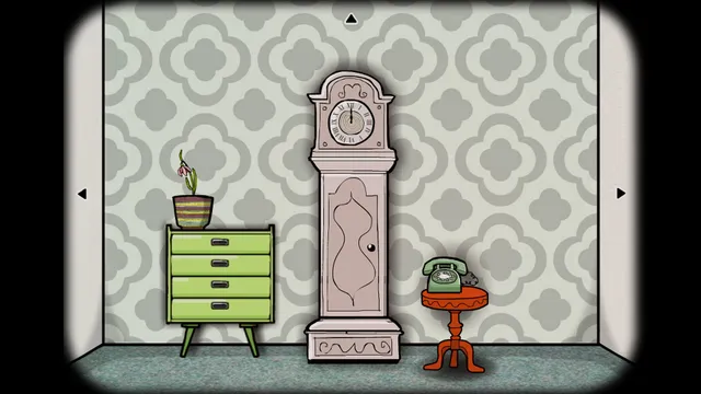 Cube Escape Collection screenshot: a room with patterned wallpaper, a grandfather clock, a plant and a rotary phone