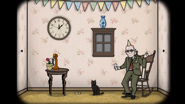 Cube Escape Collection screenshot: an old man in sunglasses and a party hat in a rocking chair, with a black cat