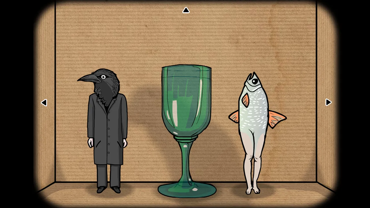 Cube Escape Collection screenshot: a man with a crow's head, a giant green glass and a fish with human legs stand in a cardboard room