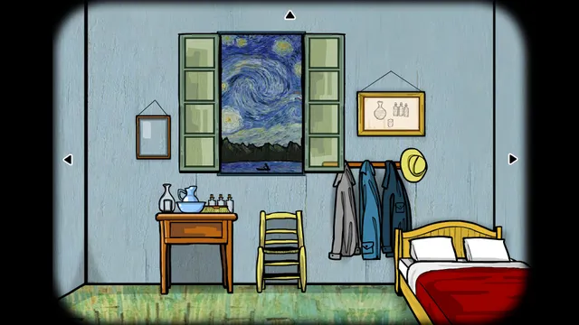 Cube Escape Collection screenshot: a bedroom modelled on Van Gogh's, with a starry night painting in the window