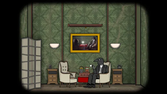 Cube Escape: Paradox screenshot: a crow-headed man in a suit sits in an armchair in a green, moth-papered room under a framed painting