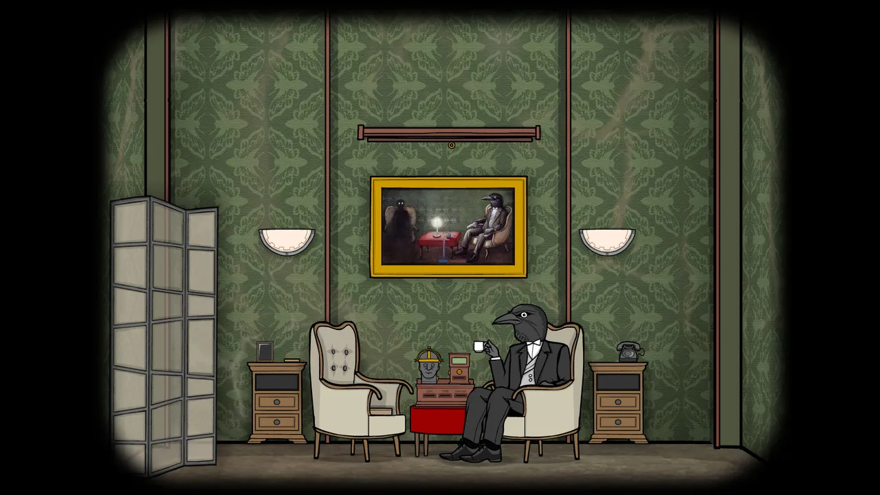 Cube Escape: Paradox screenshot: a crow-headed man in a suit sits in an armchair in a green, moth-papered room under a framed painting