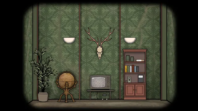Cube Escape: Paradox screenshot: a room wall with a stag skull, a globe, a small television and a cabinet