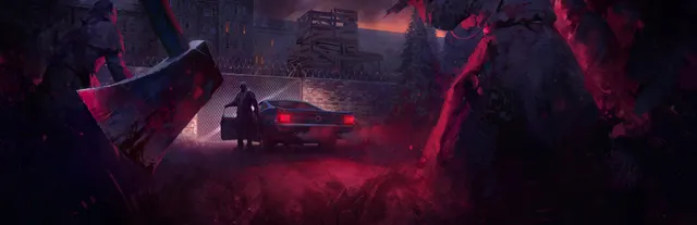 CULTIC key art: a man opens the door of a muscle car outside a barbed-wire compound at dusk, framed by hooded cultists with an axe in red light