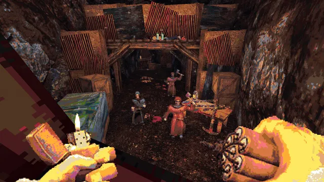 CULTIC screenshot: a hand holds a lit lighter and another a bundle of dynamite as robed cultists with axes approach in a mine