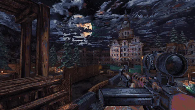 CULTIC screenshot: a scoped rifle aimed over a moonlit town with a gothic clock-tower building and pine trees