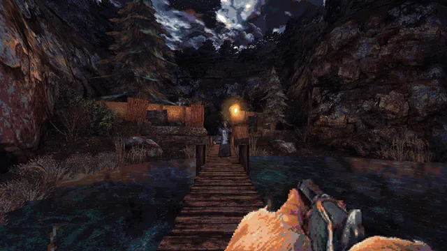 CULTIC screenshot: a pistol raised on a wooden bridge at night toward a cultist holding a torch