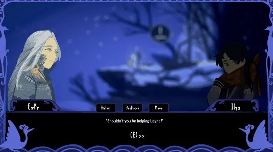 Curse of the Juniper Tree dialogue scene: Esfir and Ilya face each other in a blue folk-art frame, with the line Shouldn't you be helping Leyna