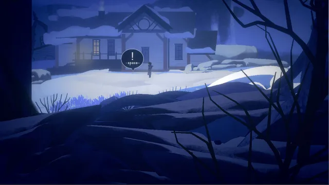 Curse of the Juniper Tree screenshot: a small figure stands in deep snow before a lit timber house at night, a speech bubble marked Space above her and bare branches in the foreground