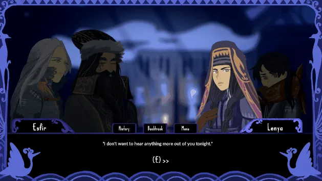 Curse of the Juniper Tree dialogue scene: Esfir, a bearded man in a fur hat, Lenya in a headdress and Ilya, with the line I don't want to hear anything more out of you tonight
