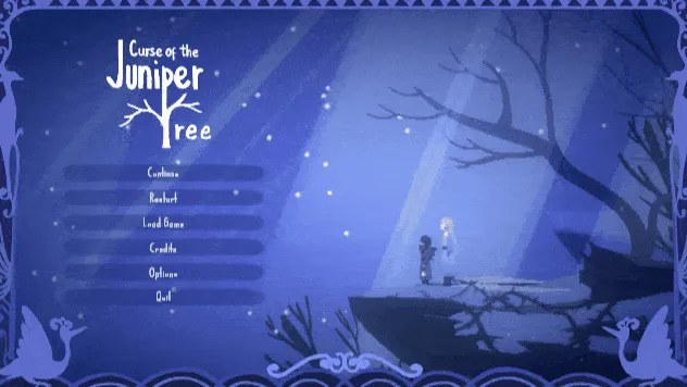 Curse of the Juniper Tree title screen: the menu beside two small figures standing on a snowy cliff under a great bare tree