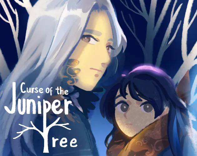 Curse of the Juniper Tree cover art: a pale-haired young man and a dark-haired girl in a scarf before white bare trees on a deep blue night, with the title in white