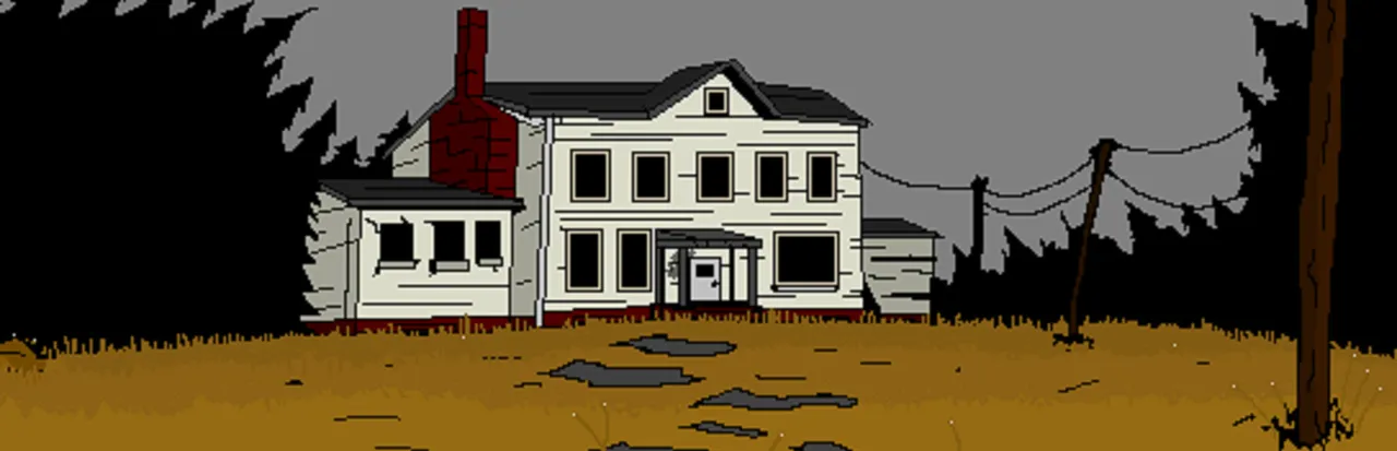 Cursed 3 key art: a pale, run-down two-storey farmhouse with a red brick chimney under a grey sky, dark pines and leaning power poles in pixel art