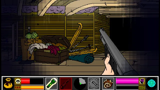 Cursed 3 screenshot: Jennifer holds a shotgun in a dim attic beside an open chest of clothes, with health, stamina and psyche bars below