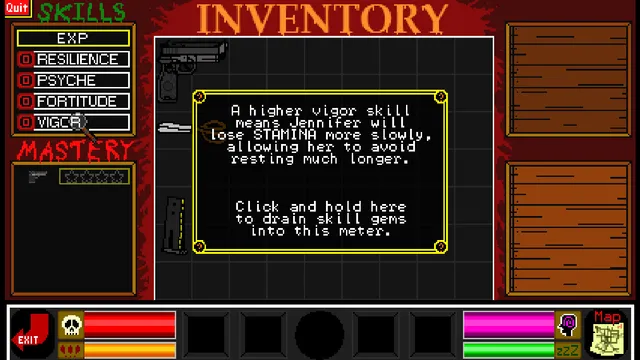 Cursed 3 screenshot: the inventory screen with skills for resilience, psyche, fortitude and vigor, and a note explaining the stamina skill