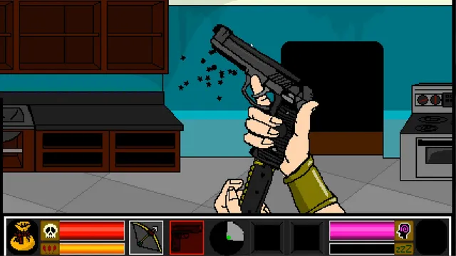 Cursed 3 screenshot: Jennifer reloads a pistol in a teal kitchen in first person, a dark doorway behind her