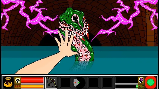 Cursed 3 screenshot: a green, many-toothed serpent creature rises from water in a brick sewer as Jennifer raises her hand and magenta lightning crackles