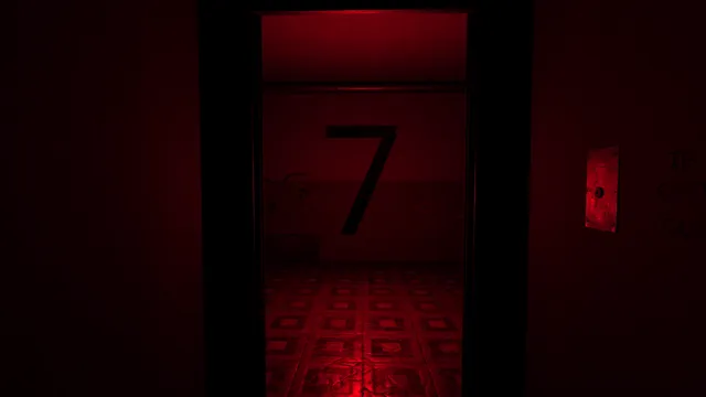 Cursed Apartment screenshot: the elevator door opening on floor 7 bathed in red light